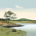 Tranquil Moorland Scene With Minimalist Lake And Tree Design Royalty Free Stock Photo