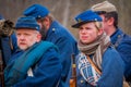 MOORPARK, USA - APRIL, 18, 2018: Close up of group of men wearing blue uniform representing the Civil War Reenactment in