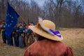 MOORPARK, USA - APRIL, 18, 2018: Close up of woman wearing a hat with a purple ribbon with a blurred background of