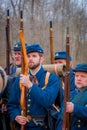 MOORPARK, USA - APRIL, 18, 2018: Group of military wearing blue uniform representing the civil War Reenactment in