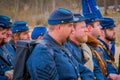 MOORPARK, USA - APRIL, 18, 2018: Group of people wearing blue uniform representing the Civil War Reenactment in Moorpark