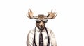 Moose with antlers in clothes with tie on white background Royalty Free Stock Photo
