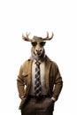 Moose with antlers in clothes with tie on white background Royalty Free Stock Photo