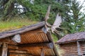 Moose antlers mounted to a hunting cabin Royalty Free Stock Photo
