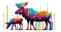 Moose and Calf Colorful Illustration Animal Wildlife White Background