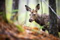 a moose calf following its mother through dense pine trees Royalty Free Stock Photo