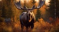 Hyper-realistic Moose Portrait In A Colorful Forest At Sunset