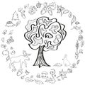 Doodle set a large tree with a hollow and forest animals and plants