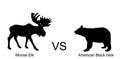 Moose elk against american black bear vector silhouette illustration isolated on white background. Royalty Free Stock Photo