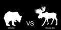 Moose elk against bear vector silhouette illustration isolated on black background. Battle for life and food Royalty Free Stock Photo