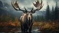 A moose with large antlers standing in a field. Generative AI. Royalty Free Stock Photo