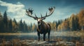 A moose with large antlers standing in a field. Generative AI.