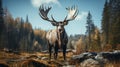 A moose with large antlers standing in a field. Generative AI. Royalty Free Stock Photo