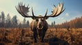 A moose with large antlers standing in a field. Generative AI. Royalty Free Stock Photo