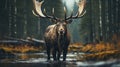 A moose with large antlers standing in a field. Generative AI. Royalty Free Stock Photo