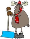 Moose leaning on a snow shovel