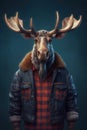 Moose in lumberjack jacket half - length frontal view
