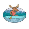 Moose Paddling Canoe Drawing Oval Royalty Free Stock Photo
