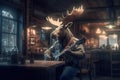 Moose playing guitar in the old bar. Generative AI image.