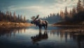 Moose in the river. 3d illustration. Nature composition.