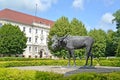 Moose sculpture against the background of the administrative building 1928. Sovetsk, Kaliningrad region