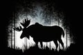 Moose is silhouetted in the woods at night. Generative AI