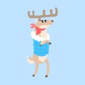 Moose Standing In Padded Coat, Arctic Animal Dressed In Winter Human Clothes Cartoon Character