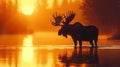 A moose standing in a river at sunset with the sun behind it, AI Royalty Free Stock Photo