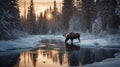 Majestic Moose at Winter Sunset by Frozen River Royalty Free Stock Photo