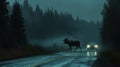 A moose strides across a quiet road at night, its massive quality pic. Royalty Free Stock Photo