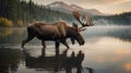 Majestic Moose Wading Through Calm Lake Waters at Sunrise Surrounded by Forest Royalty Free Stock Photo