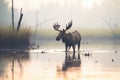 moose wading through a foggy marshland