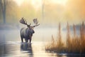 moose wading in misty marshland