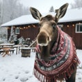 a moose wearing a blanket in the snow