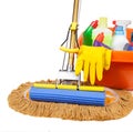 Mop, bucket, bowl and bottle cleaners Royalty Free Stock Photo