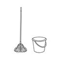 Mop and bucket, cleaning contour icons. Vector illustration with one line. Isolated icon suitable for web pages Royalty Free Stock Photo