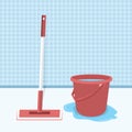 Mop And Bucket With Water Vector Illustration, Mopping The Floor Flat Design. Wet Cleaning. Clean Room. Cleaning Of Office Premise