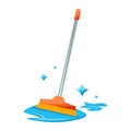 Mop with cleaning water, concept. Realistic handle broom. Floor mopping concept for housework design. Washing housekeeping