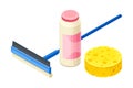 Mop with Detergent in Bottle and Sponge as Household Cleaning Equipments Isometric Vector Composition