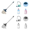 A mop with a handle for washing floors, a green vacuum cleaner, a window of a washing machine with water and foam, a