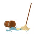 Mop with a wooden handle, soap in a puddle of water and an old bucket. Cleaning illustration. Cartoon style.