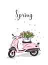 Moped and a bouquet of tulips. Vector illustration for greeting card or poster. Spring flowers.