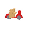 Moped delivery, red vehicle for delivery of parcels and boxes, courier service