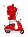 Moped with heart-shaped balloons. Motorcycle. Vector illustration for greeting card or poster. Love, friendship, Valentine`s Day.