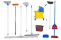 Mops, brooms and trash cans isolated on white background