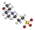 MOPS buffering agent molecule. 3D rendering. Atoms are represented as spheres with conventional color coding: hydrogen white,.