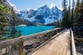 Moraine lake in autumn sunny day. Snow-capped mountains. Banff National Park, Alberta, Canada. Royalty Free Stock Photo