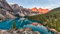 Moraine Lake in Banff National Park in Canada taken at the peak color of sunrise Royalty Free Stock Photo