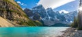 Moraine lake beautiful landscape in summer to early autumn sunny day morning. Banff National Park. Royalty Free Stock Photo