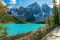 Moraine lake beautiful landscape in summer to early autumn sunny day morning. Banff National Park. Royalty Free Stock Photo